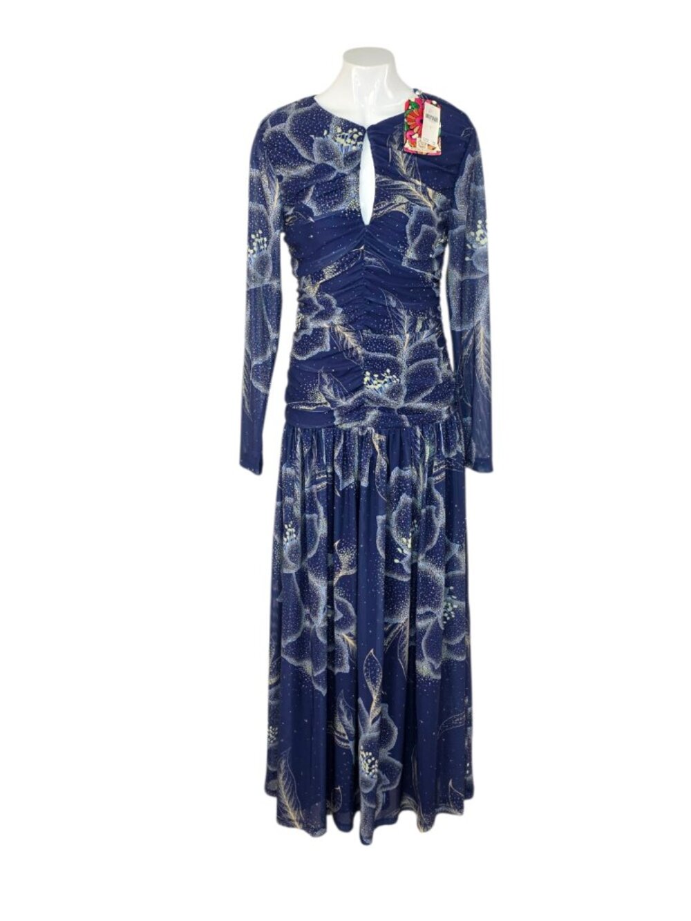 Farm Rio x Anthropologie Long-Sleeve Keyhole Maxi Dress, Mesh, Ruched, Size S